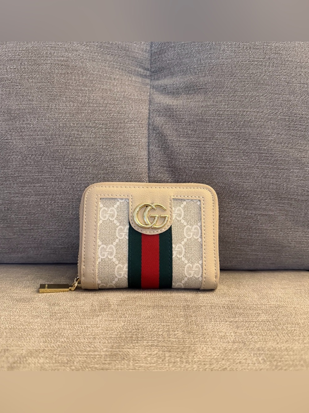 Gucci Cream GG Monogram Leather Zip Wallet with Web Stripe